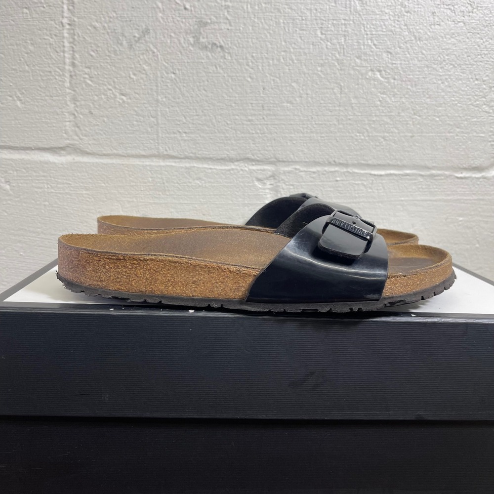 Birkenstock Madrid Black Patent Leather Slide Sandals Womens Size 40 Wide